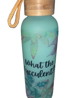 What the Fucculent? Aqua Floral Glass Water Bottle with Bamboo Lid Funny